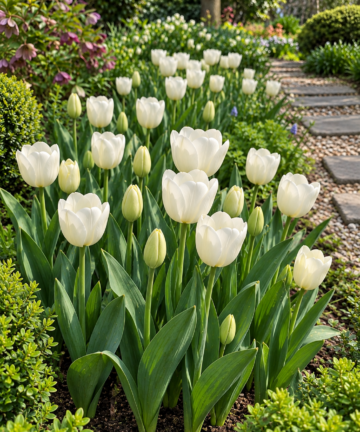 Biele kvety tulipánu White Marvel v jarnom záhone pri kamennom chodníku