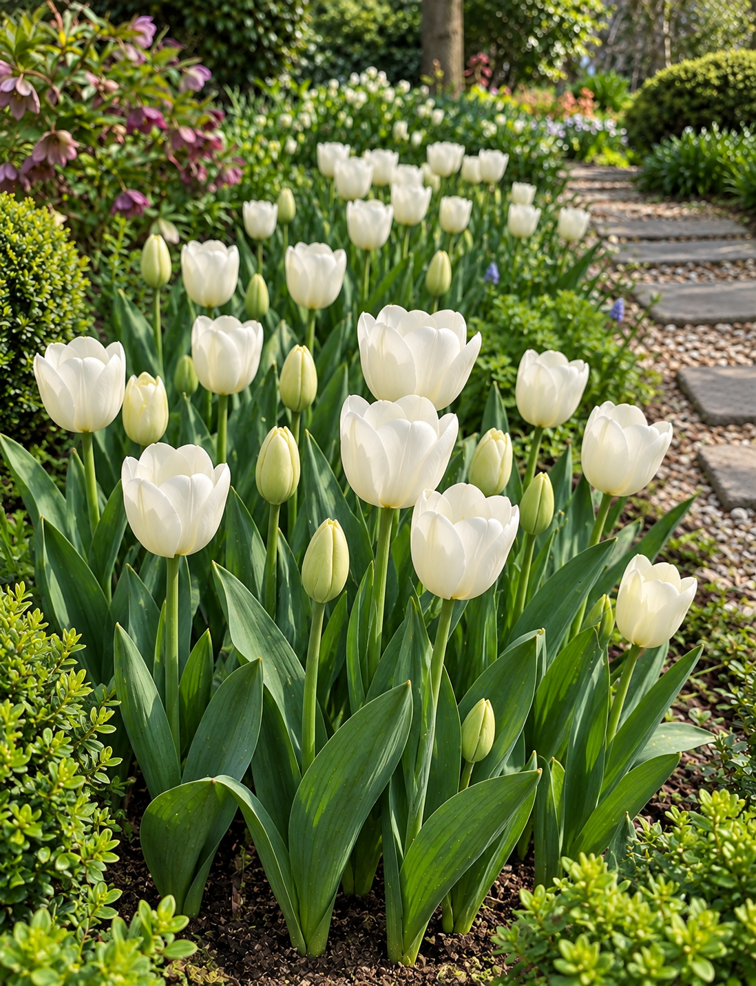 White Marvel – biele tulipány v jarnom záhone Biele kvety tulipánu White Marvel v jarnom záhone pri kamennom chodníku