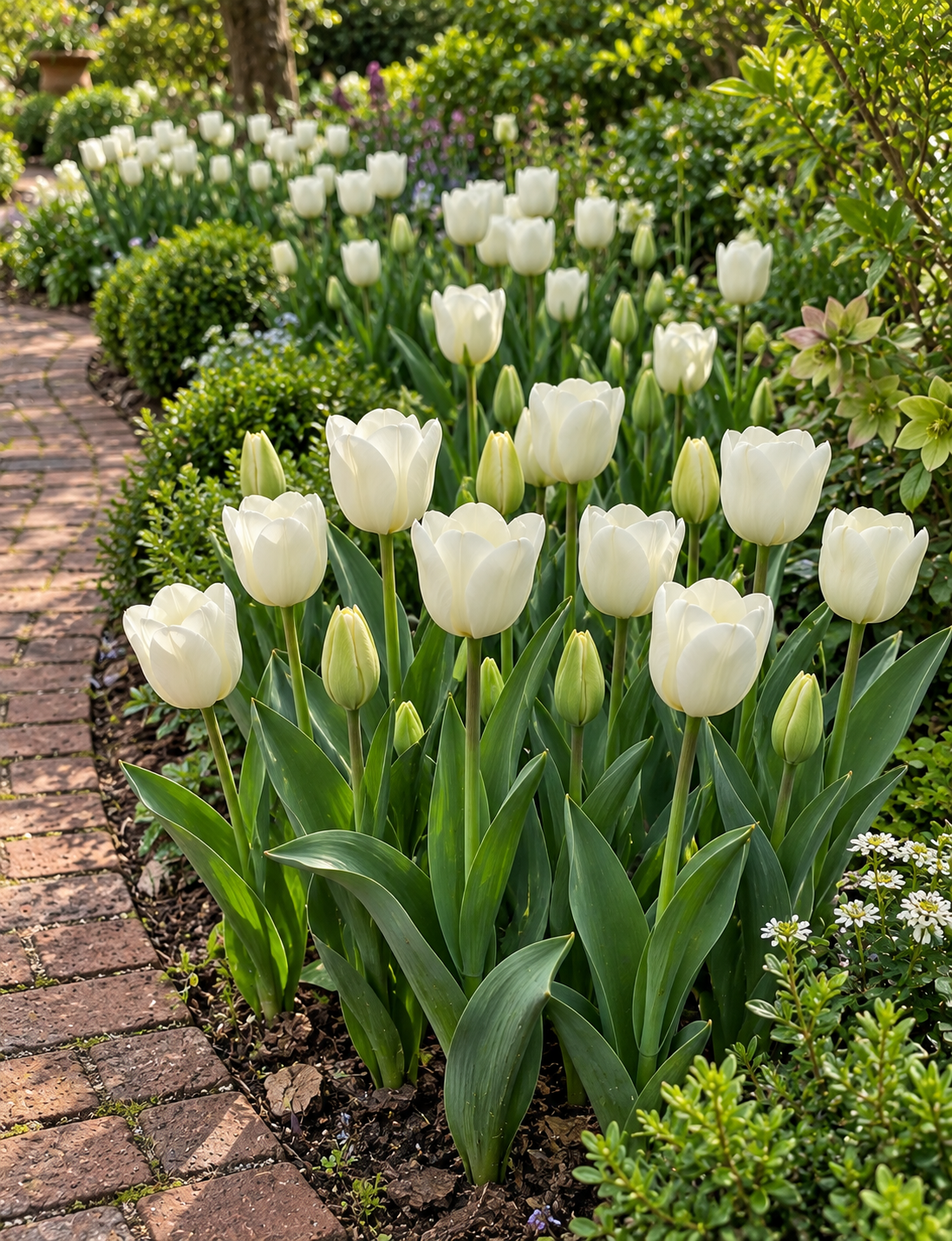 White Marvel – tulipány v záhone pri chodníku Biele tulipány White Marvel v jarnom záhone pri tehlovom chodníku