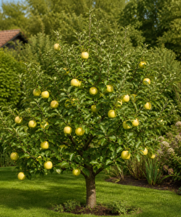 Kompaktná jabloň Golden Delicious s dozretými plodmi