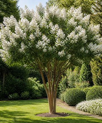 Dospelá lagerstrémia Natchez s bielymi kvetmi