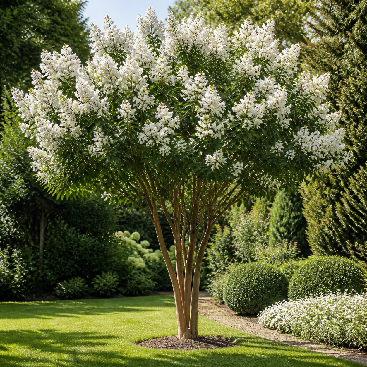 lagerstremia-natchez Dospelá lagerstrémia Natchez s bielymi kvetmi