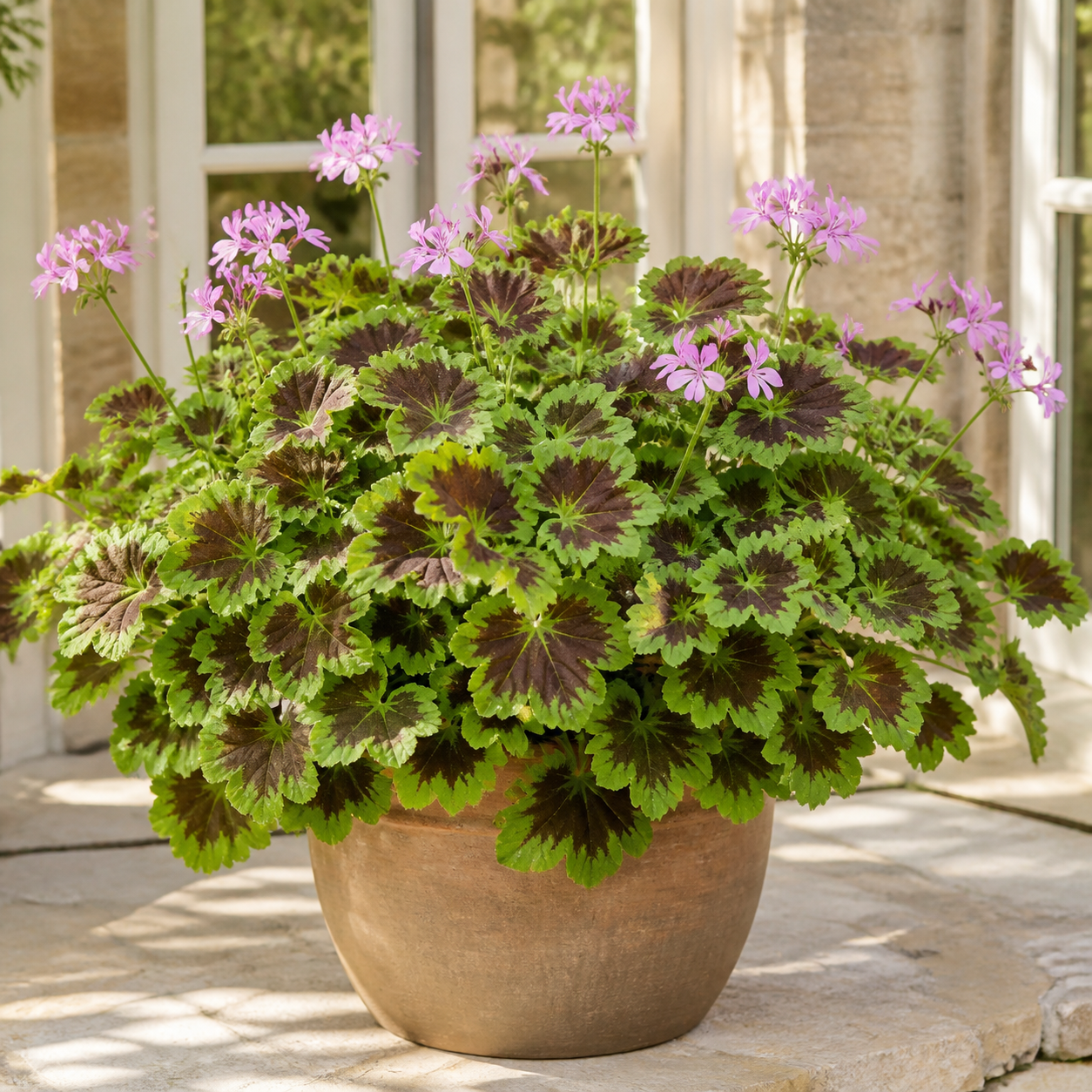 pelargonium-chocolate Dospelý voňavý muškát Chocolate s tmavou kresbou listov