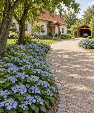 Hortenzia Magic Pillow pozdĺž príjazdu k vidieckemu domu