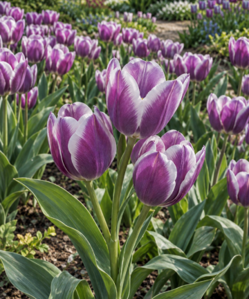 Detail fialových kvetov tulipánu Purple Elegance so svetlými okrajmi