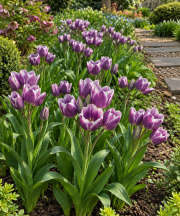 Tulipány Purple Elegance s fialovými kvetmi a bielym lemom v jarnom záhone pri kamennom chodníku