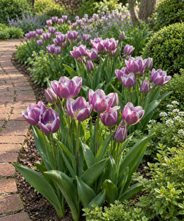 Fialové tulipány Purple Elegance so svetlým lemom v záhone pri tehlovom chodníku