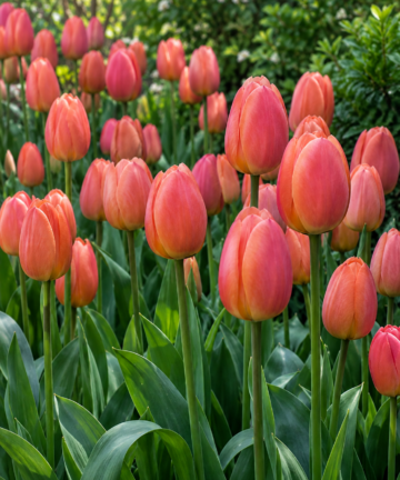 Detail zatvorených ružových kvetov tulipánu Menton s marhuľovým nádychom