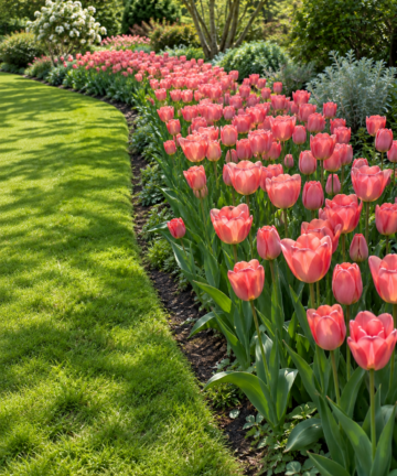 Rozkvitnutý záhon ružových tulipánov Menton pozdĺž zeleného trávnika