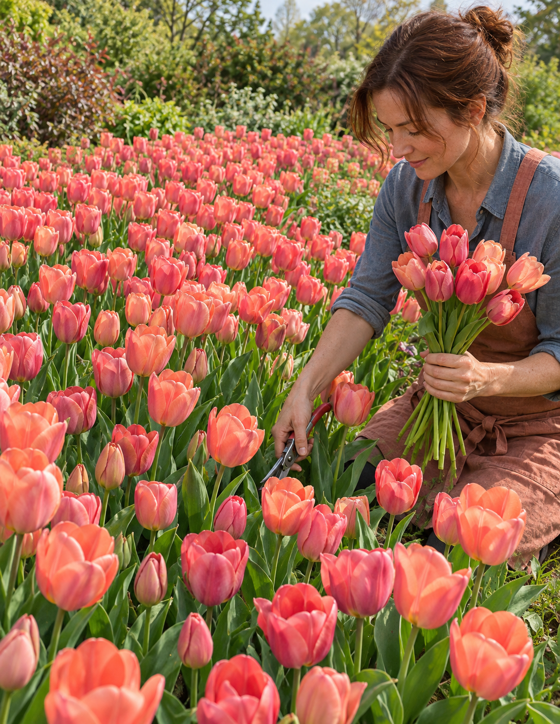 Menton – rez tulipánov do kytice Žena strihá ružové tulipány Menton v záhone a drží kyticu čerstvých kvetov