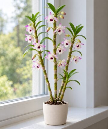 Dendrobium nobile – orchidea v kvetináči na parapete