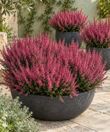 Vres Michelle v mise na dvore – Calluna vulgaris 'Michelle'