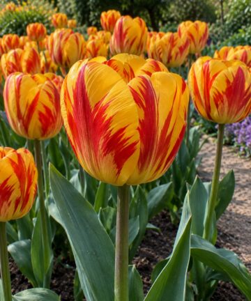 Detail veľkého žltého kvetu tulipánu Banja Luka s červeným plameňovaním