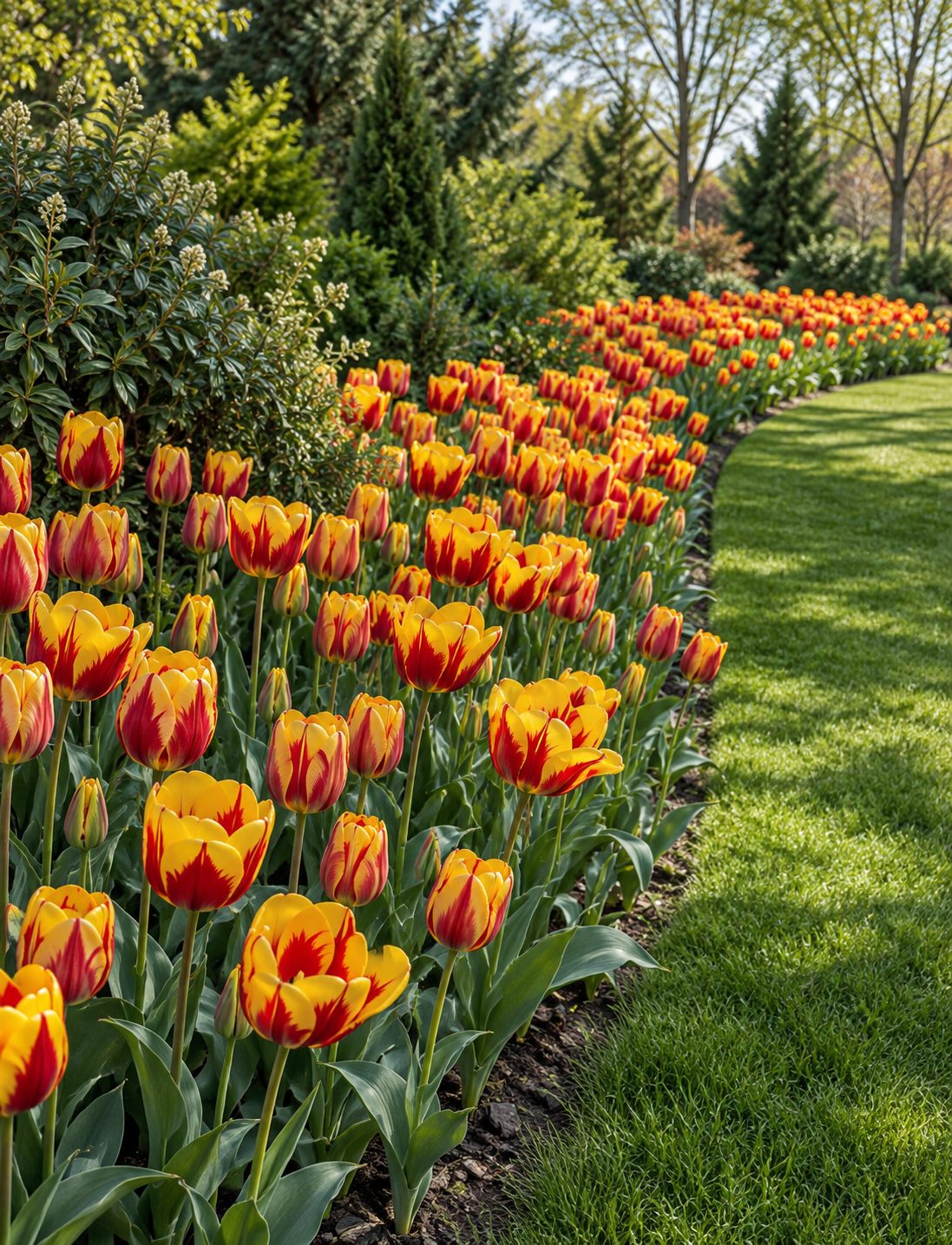 Tulipán Banja Luka v záhone pri trávniku Dlhý záhon tulipánov Banja Luka pozdĺž trávnika