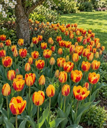Žlté tulipány Banja Luka s červenými plameňmi v jarnom záhone pod kvitnúcim stromom