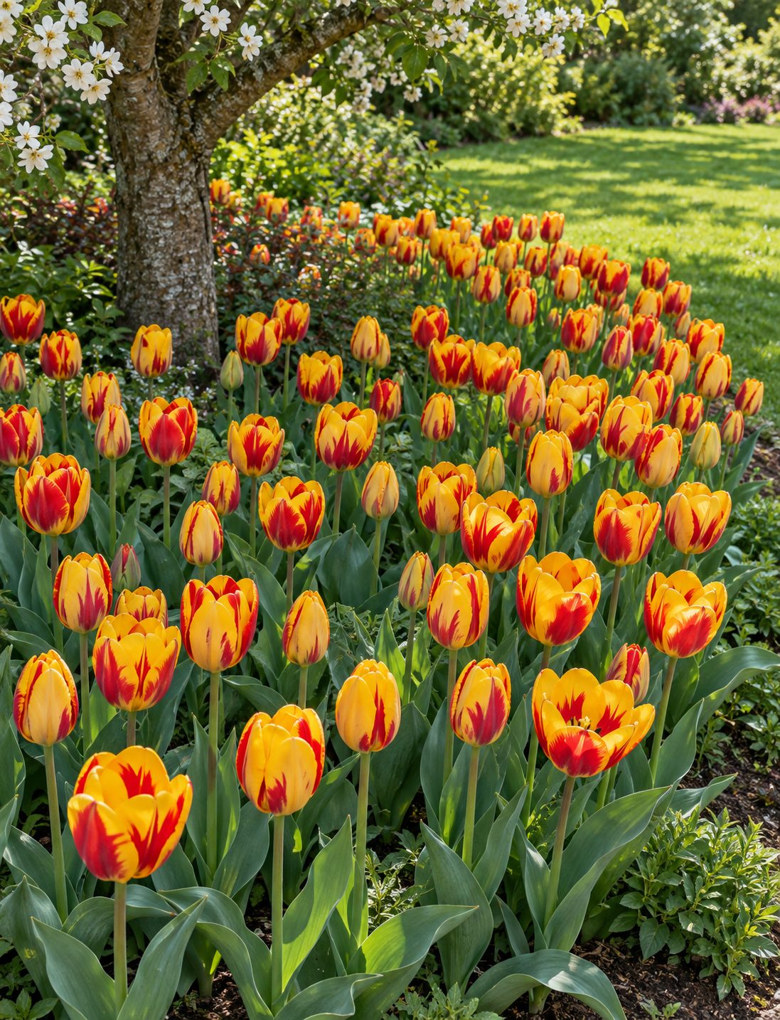 Tulipán Banja Luka – žlto-červené kvety v záhone Žlté tulipány Banja Luka s červenými plameňmi v jarnom záhone pod kvitnúcim stromom
