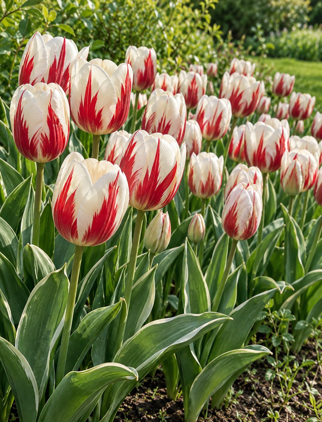 Tulipán Happy Generation – detail kvetov Detail bielo-červených žíhaných kvetov tulipánu Happy Generation
