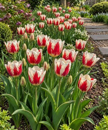 Bielo-červené tulipány Happy Generation v jarnom záhone pri kamennom chodníku