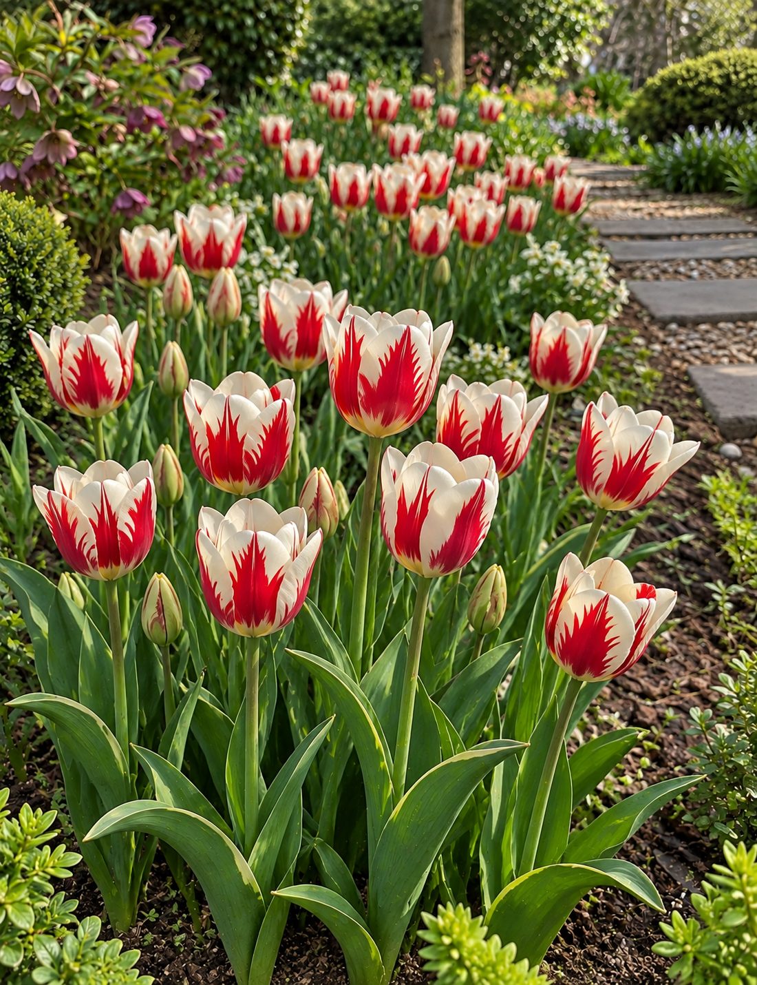 Tulipán Happy Generation v záhone pri chodníku Bielo-červené tulipány Happy Generation v jarnom záhone pri kamennom chodníku