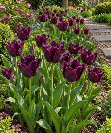 Tmavofialové strapkaté tulipány Purple Crystal v jarnom záhone pri kamennom chodníku