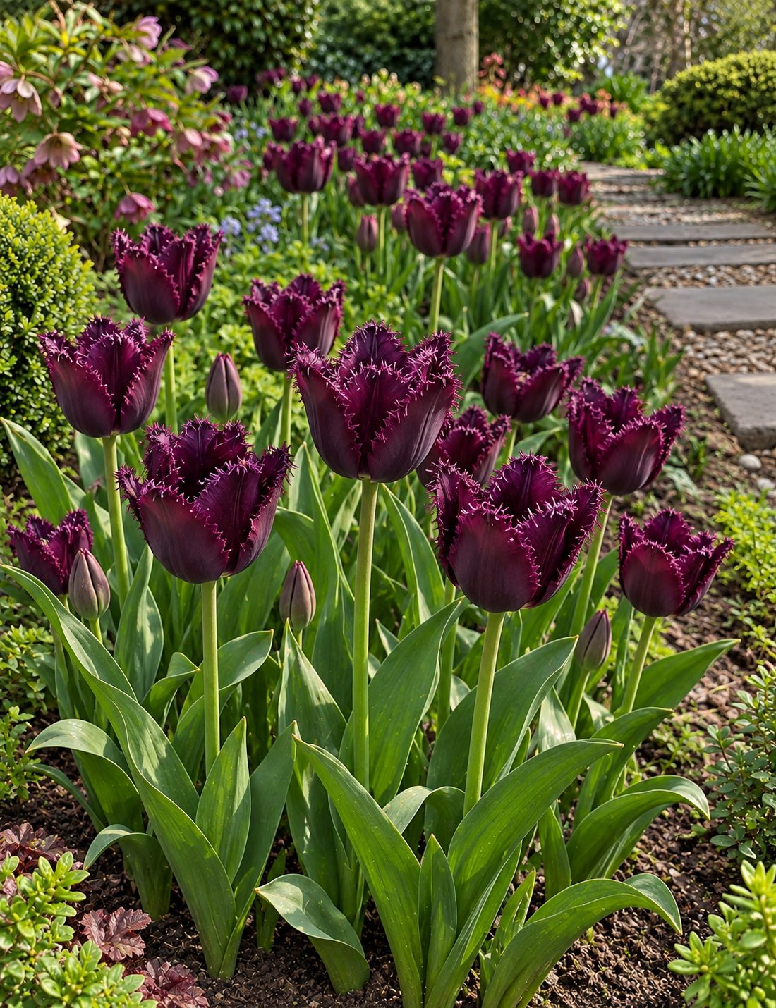 Tulipán Purple Crystal v záhone pri chodníku Tmavofialové strapkaté tulipány Purple Crystal v jarnom záhone pri kamennom chodníku